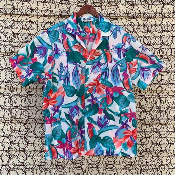 Hilo Hattie Tops - Vintage Hilo Hattie Hawaiian bright tropical button down shirt XL blue teal
